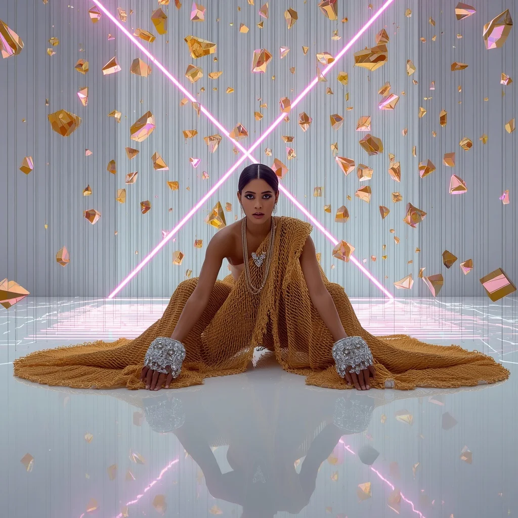 24K Gold Wire & Giant Uncut Sapphire Saree | The Symmetrical Floor-Anchored Squat Pose | Raining Neon Geometric Crystals | Saree Prompt For Women