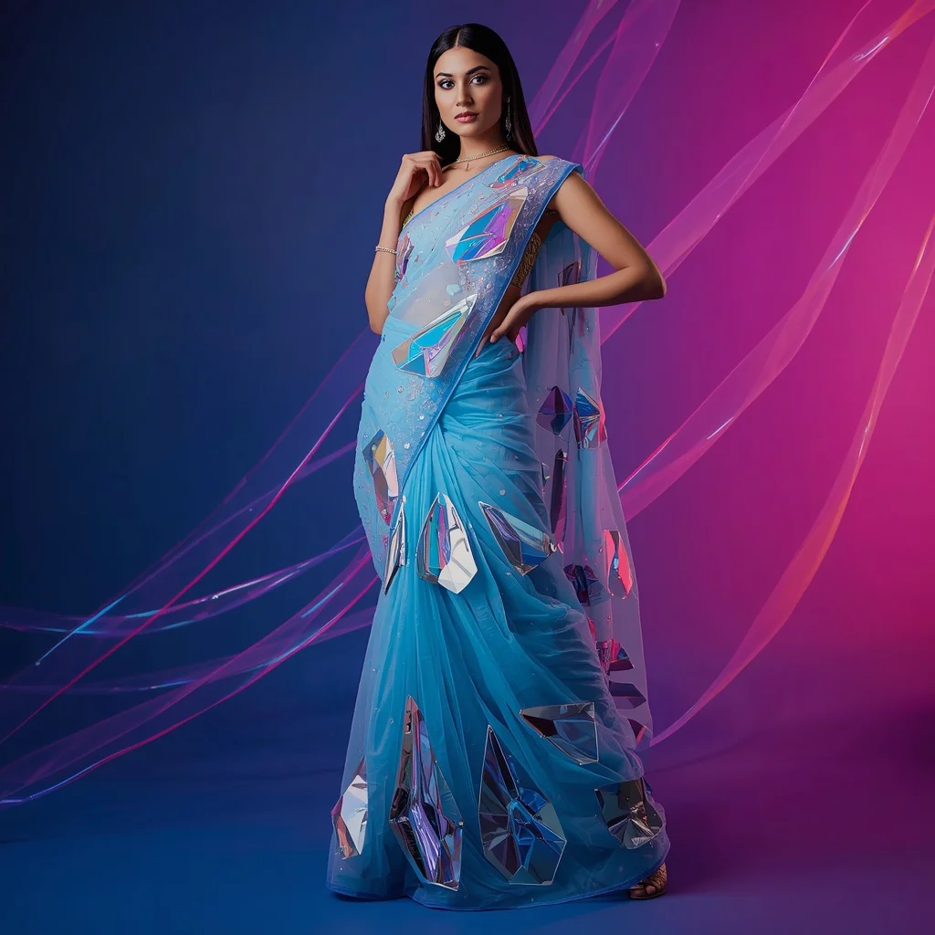 3D Glass Shard Saree: Icy Cyan Tissue with Heavy Holographic Mirror Mosaic | Command Prompt