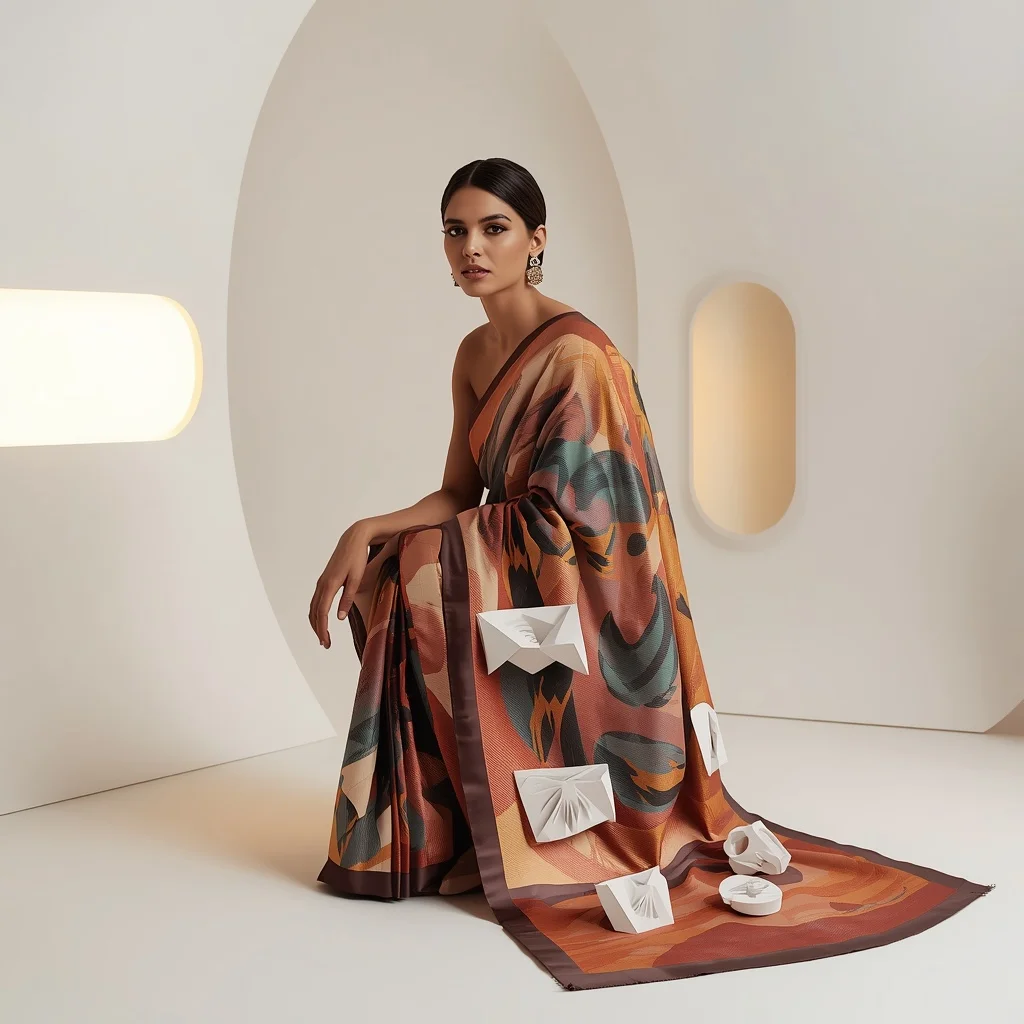 Abstract Expressionist Saree with 3D Printed Geometric Sculptures | Saree Prompt For Gemini