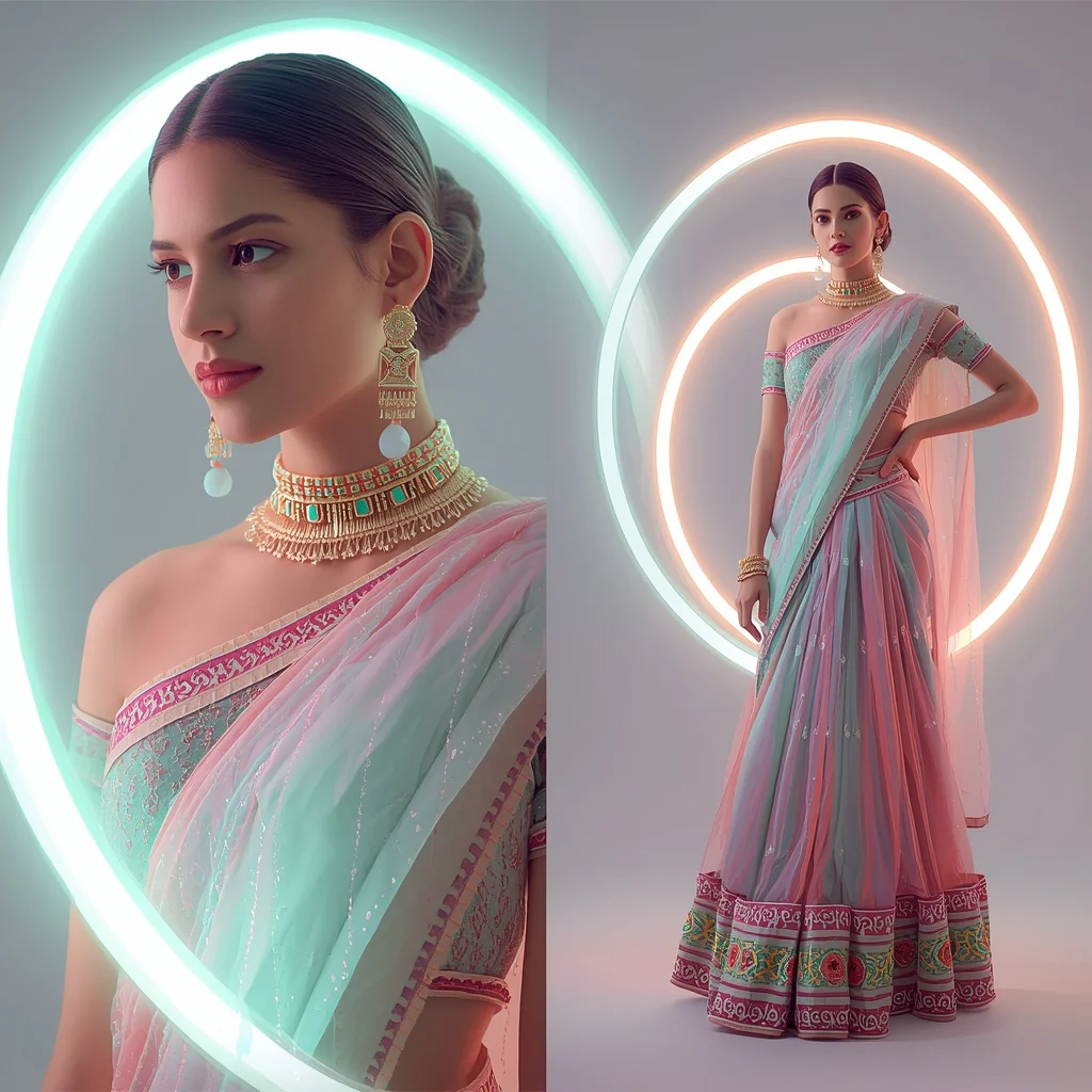 Abstract Futuristic Saree Look With Glowing Pastel Neon Light Rings | Saree Prompt