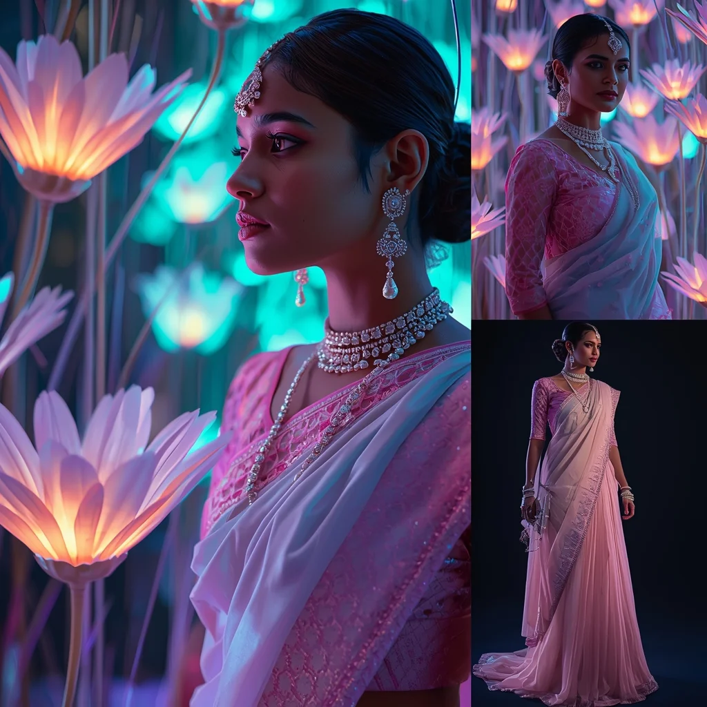 Advanced Cyberpunk Pastel Saree Look With Glowing Fiber Optic Flora | Bridal Saree Ai Prompt