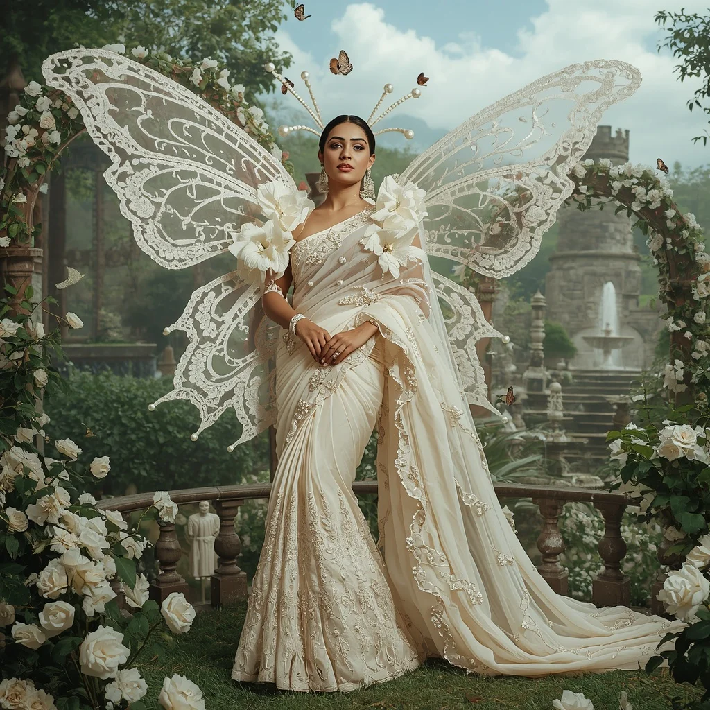 Alabaster Pearl Bride Butterfly Saree in Romantic Fairy Garden | Youtube Thumbnail Ai Prompt