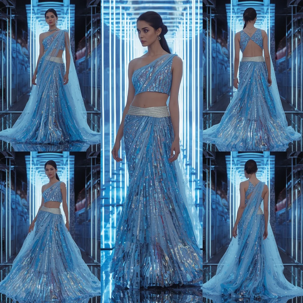 Arctic Crystal Festival Saree with RGB Mirror Infinity Sanctuary | Saree Prompt For Girls