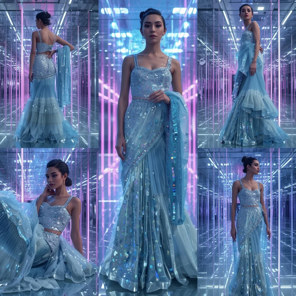 Arctic Crystal Festival Saree with RGB Mirror Infinity Skyline Hall | Gemini Ai Prompt For Instagram
