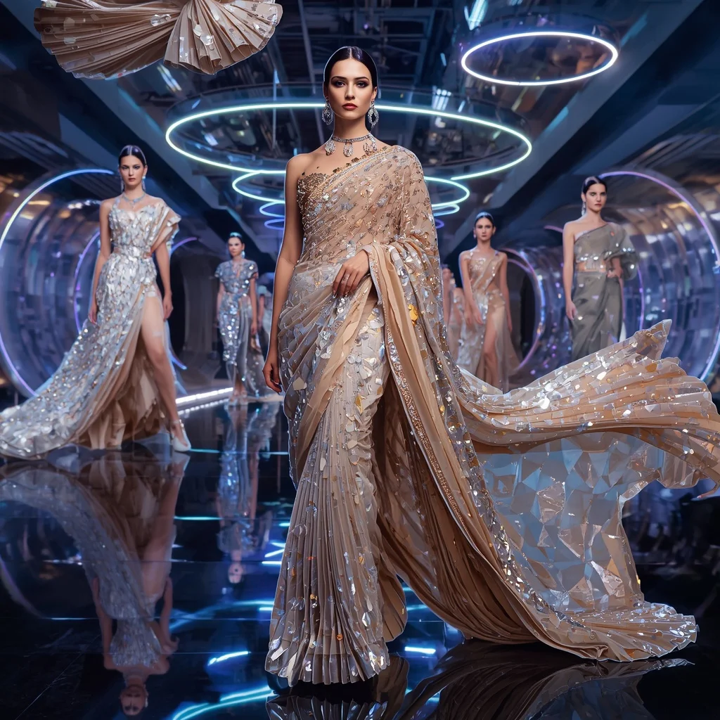 Aurora Crystal Eclipse Saree with Floating RGB Halo Bridges | Prompt Chatgpt