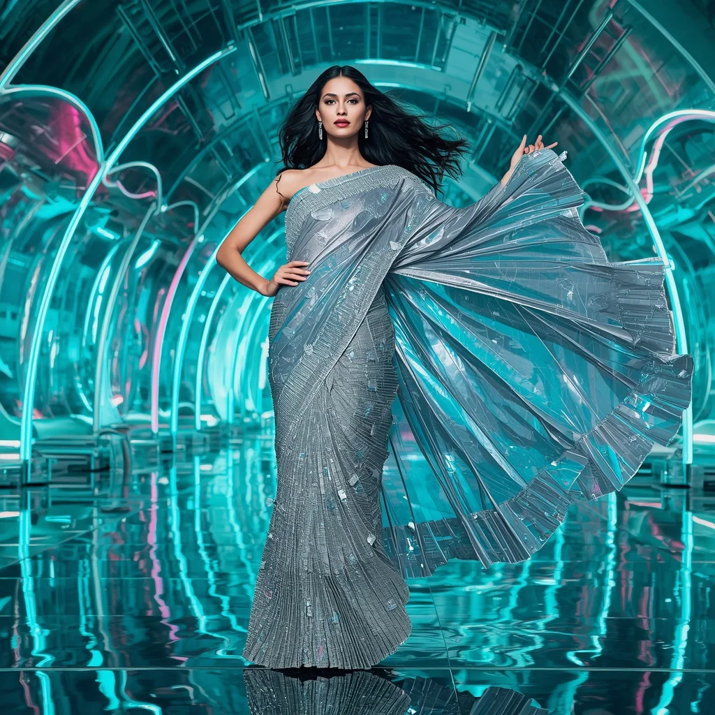Aurora Infinity Queen Saree with Floating Neon Crystal Empire | Saree Prompt For Gemini Ai
