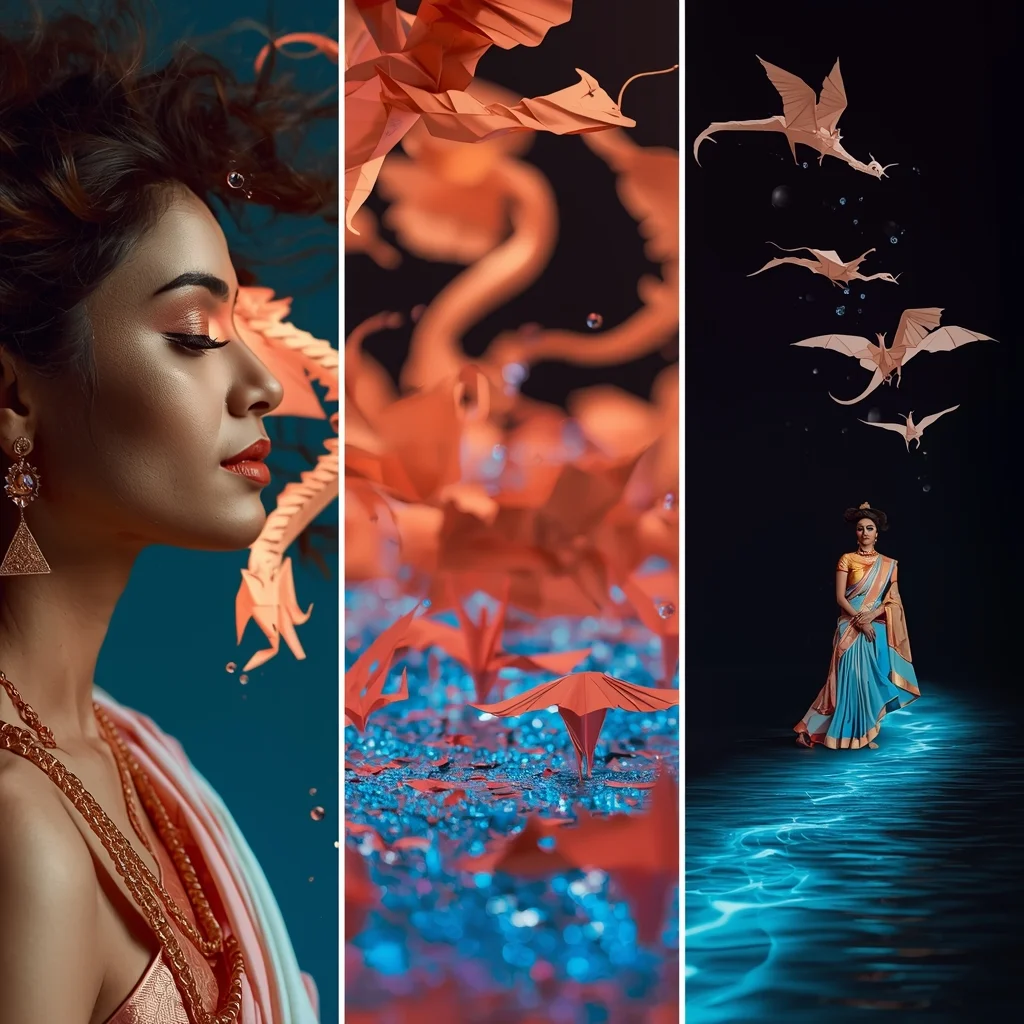 Bioluminescent Origami Dragon Floating River Saree Triptych Collage | Wedding Saree Ai Prompt