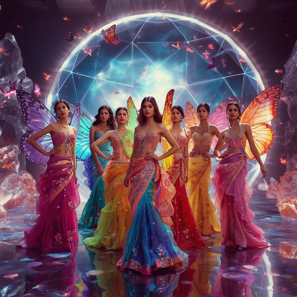 Butterfly Couture Multiverse Queens with Giant Prism Dome Background | Youtube Thumbnail Ai Prompt
