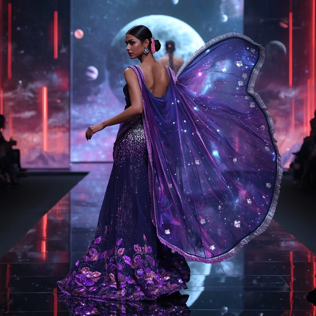 Butterfly Galaxy Drape Saree with Cosmic Neon Background | Selfie Prompt