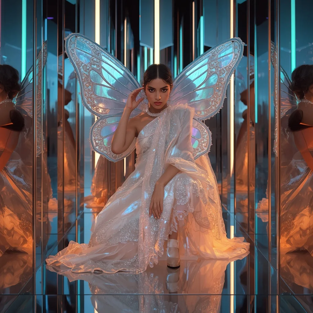 Butterfly Opal Mirage Saree with Floating Mirror Structures | Anime Ai Prompt