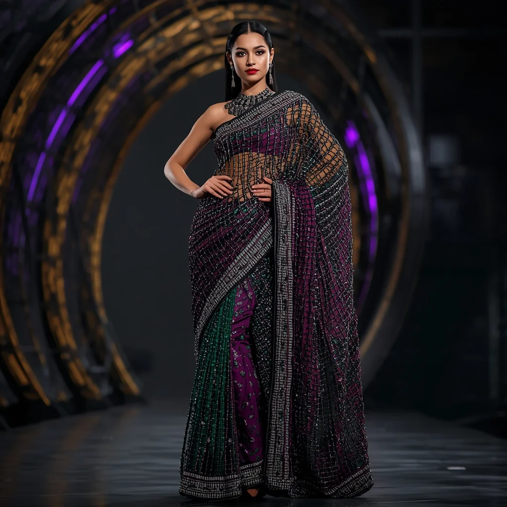 Cage Saree: Interwoven Metallic Ribs with Beaded Fabric Panels | Saree Whatsapp Dp Ai Prompt