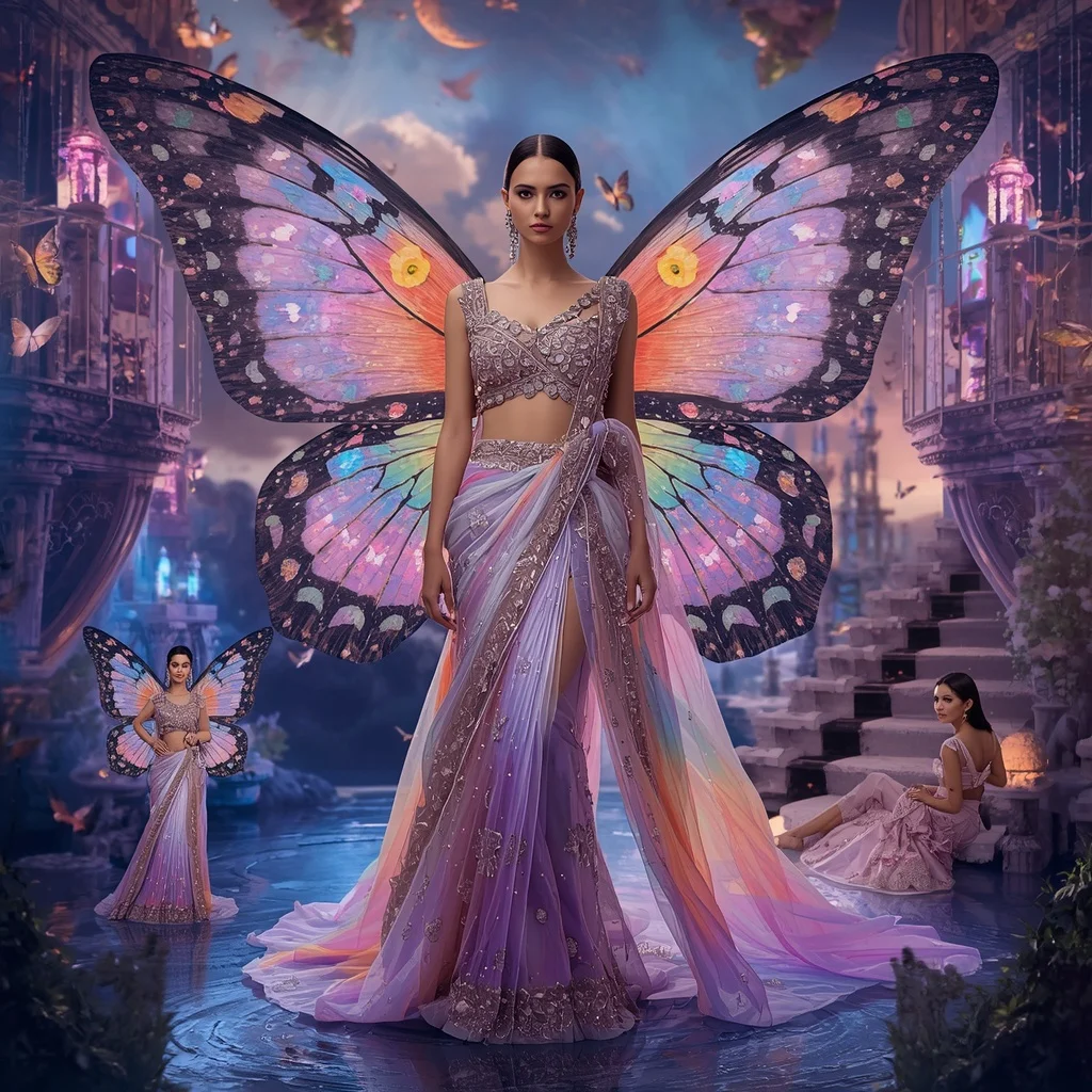 Celestial Aurora Butterfly Saree with Multi Pose Floating Fantasy Castle Background | Ai Image Generator Prompt