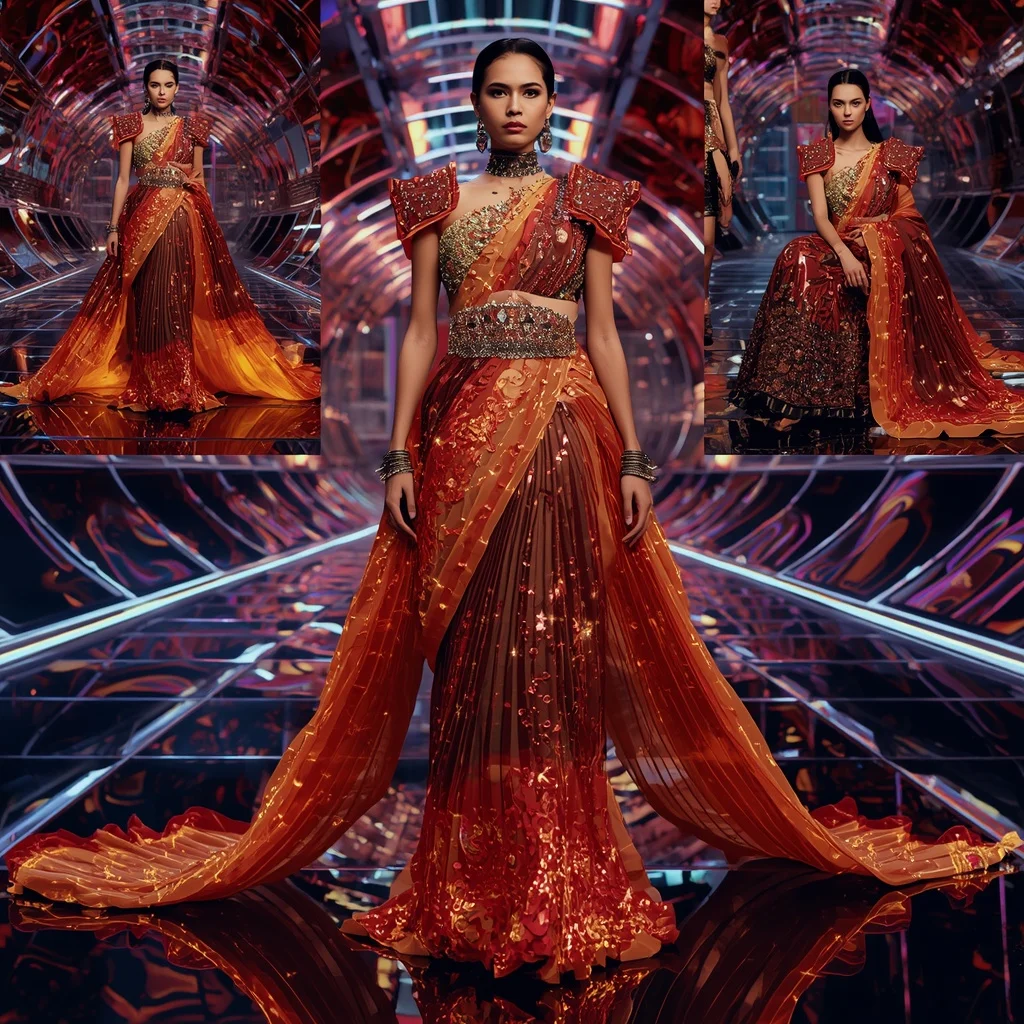 Celestial Lava Queen Saree with Floating Neon Orbit Hall | Ai Photo Editing Prompt