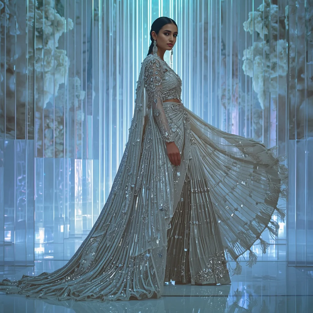 Celestial Moonstone Prism Saree with Infinity Crystal Cathedral | Gemini Photo Prompt