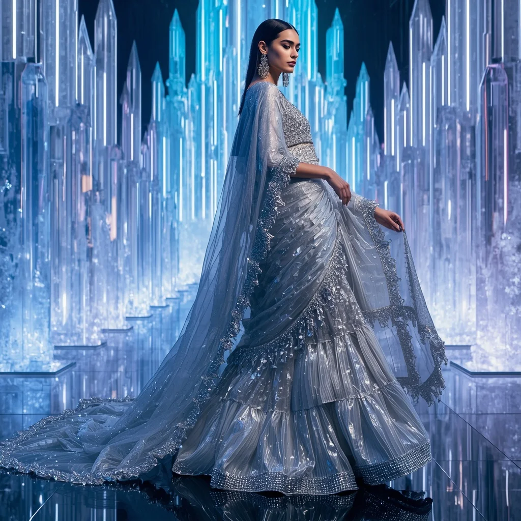 Celestial Moonstone Prism Saree with Infinity Crystal Fortress | Ai Photo Editing Prompt