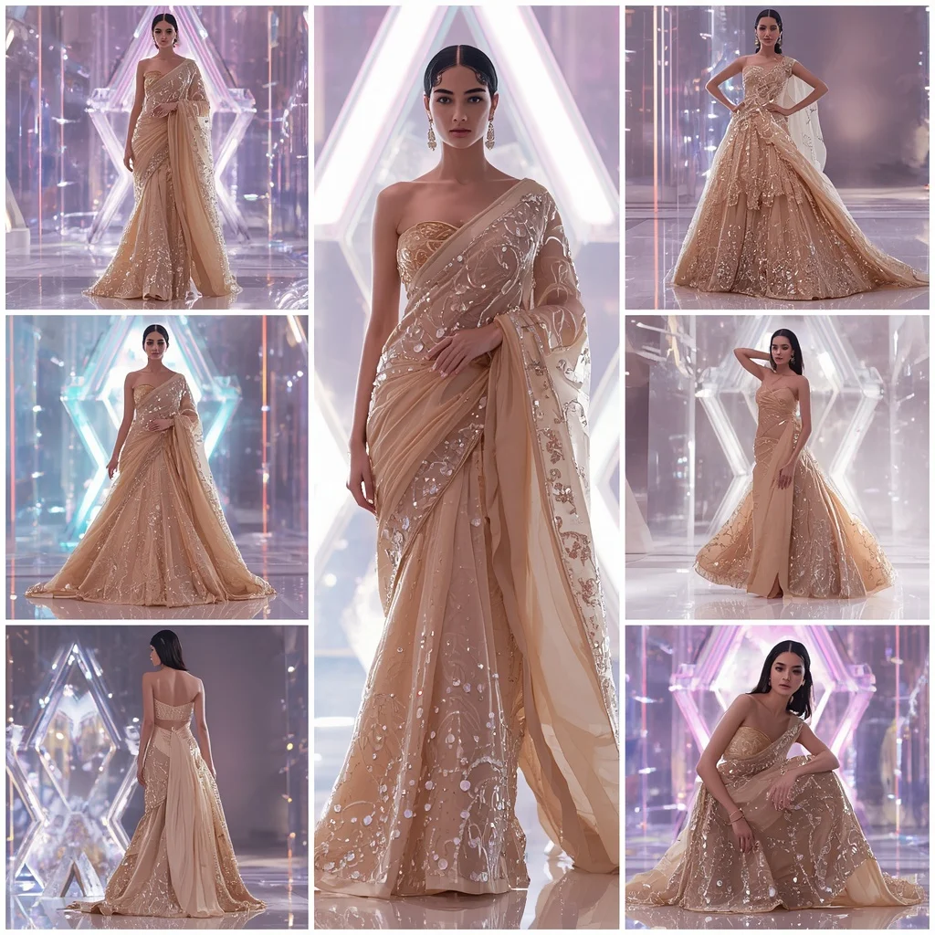 Celestial Royale Saree with Floating Prism Infinity Crystal Temple | Image To Prompt