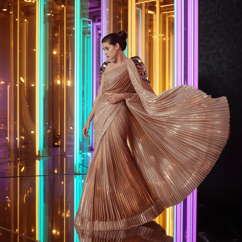 Champagne Aurora Crystal Saree with Floating Prism Citadel | Cute Girl Ai Prompt