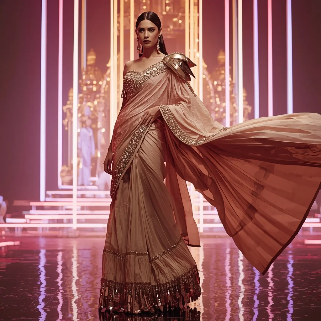 Champagne Aurora Flame Saree with Floating Laser Citadel | Ai Prompt For Instagram