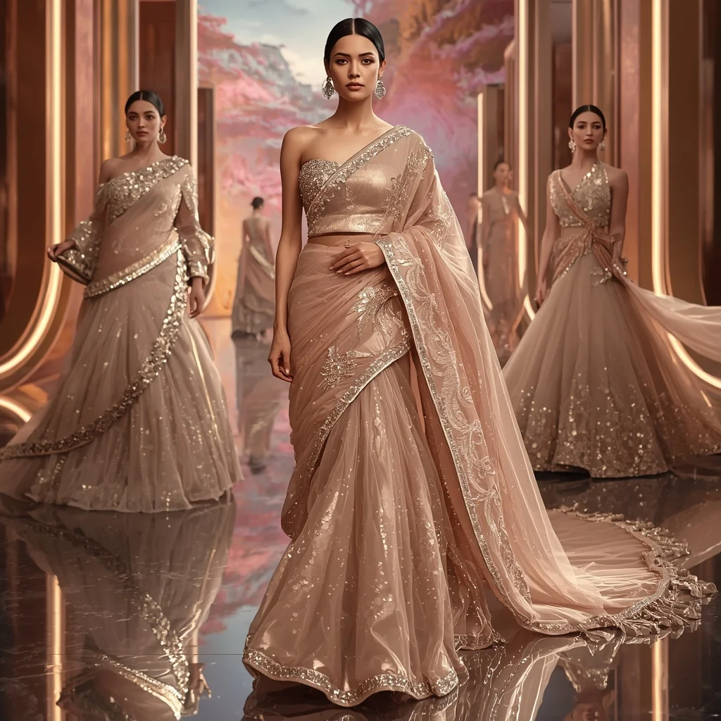 Champagne Aurora Mirage Saree with Floating Infinity Waves | Ai Prompt For Instagram