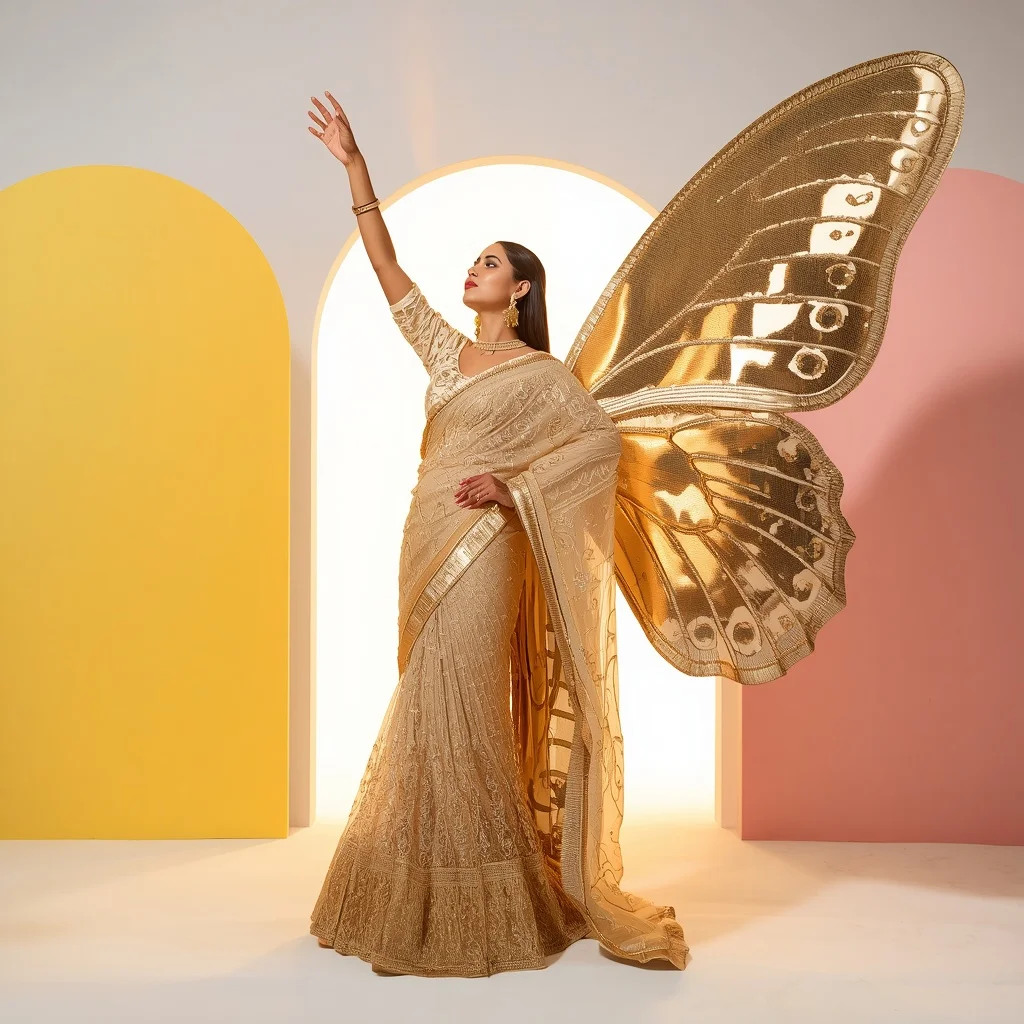 Champagne Gold Mirage Butterfly Saree Couture with Skyward Reaching Pose | Fitness Model Ai Prompt