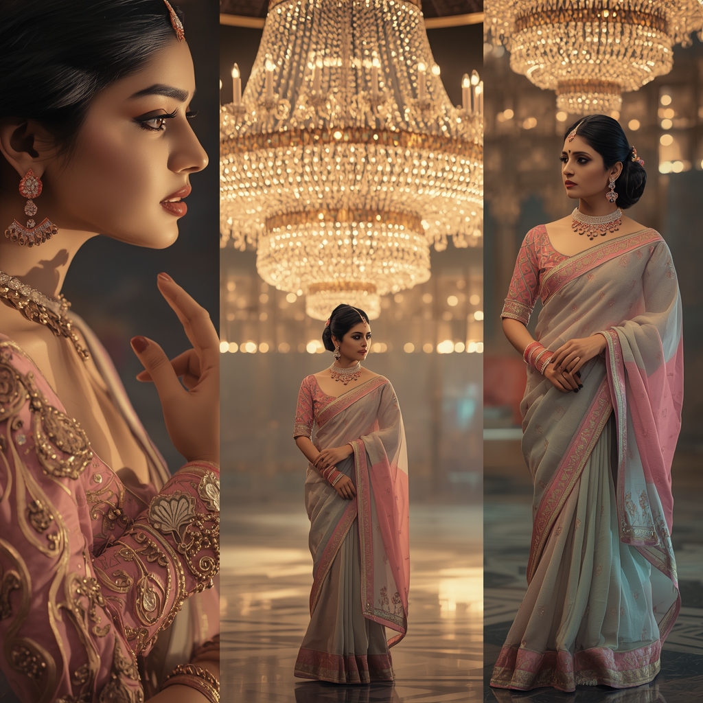 Cinematic Imperial Pastel Saree Image Prompt for Women with Royal Chandelier Glow and Majestic Drama | Saree Photoshoot Ai Prompt