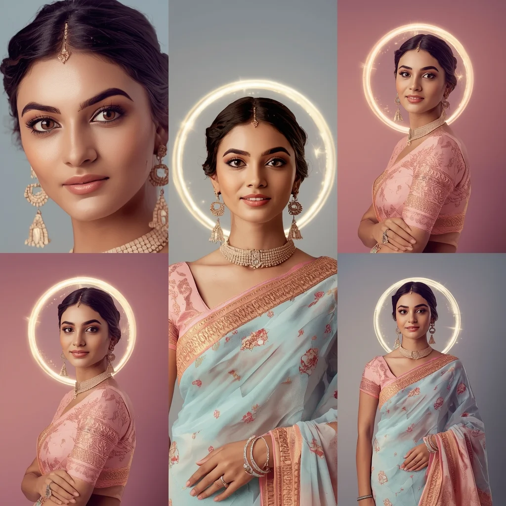 Cosmic Pulse Halo Drift Pastel Saree Indian Woman Luxury Composition | Indian Girl Saree Ai Prompt 4k Realistic