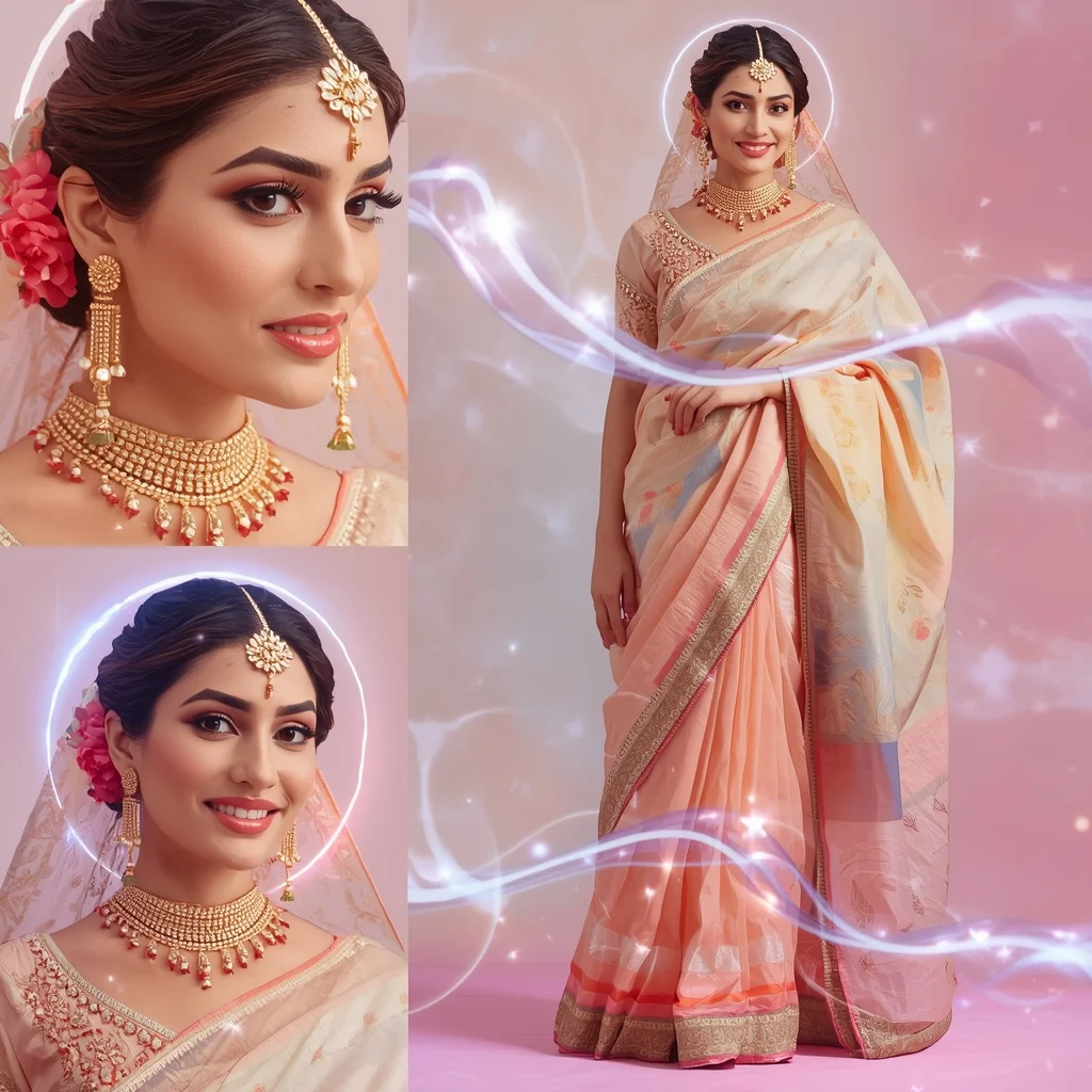 Cosmic Pulse Halo Wave Pastel Saree Indian Woman Luxury Composition | Indian Saree Ai Prompt