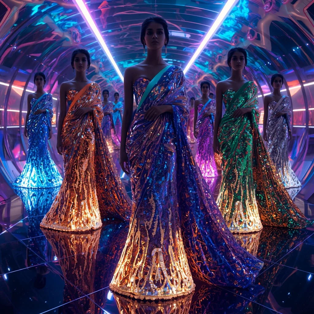 Cosmic Sapphire Flame Saree with Reflective Fashion Clone Poses and Infinity Neon Hyperdimension | Romantic Ai Prompt