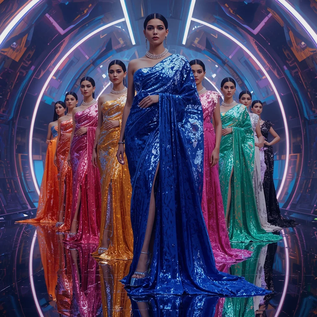Cosmic Sapphire Inferno Saree with Reflective Fashion Clone Poses and Infinity Neon Quantum Megaverse | Ai Gemini Prompt