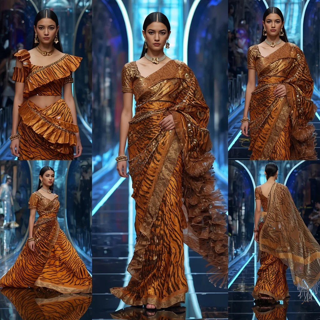 Cosmic Tiger Empress Saree with Floating Infinity Neon Monolith | Indian Girl Ai Prompt