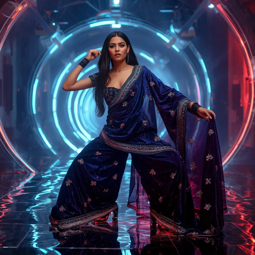 Cosmic Velvet Inferno Saree with Neon Orbit Dome | Bridal Ai Prompt
