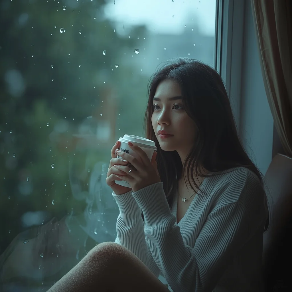Cozy Rainy Day Window Girl – Soft Mood Aesthetic Look | Art Ai Prompt