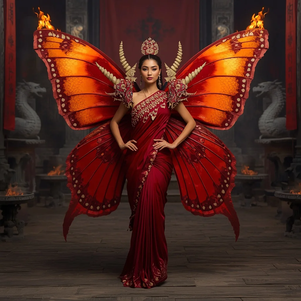 Crimson Dragonfire Butterfly Saree in Ancient Dragon Temple | Viral Ai Image Prompt