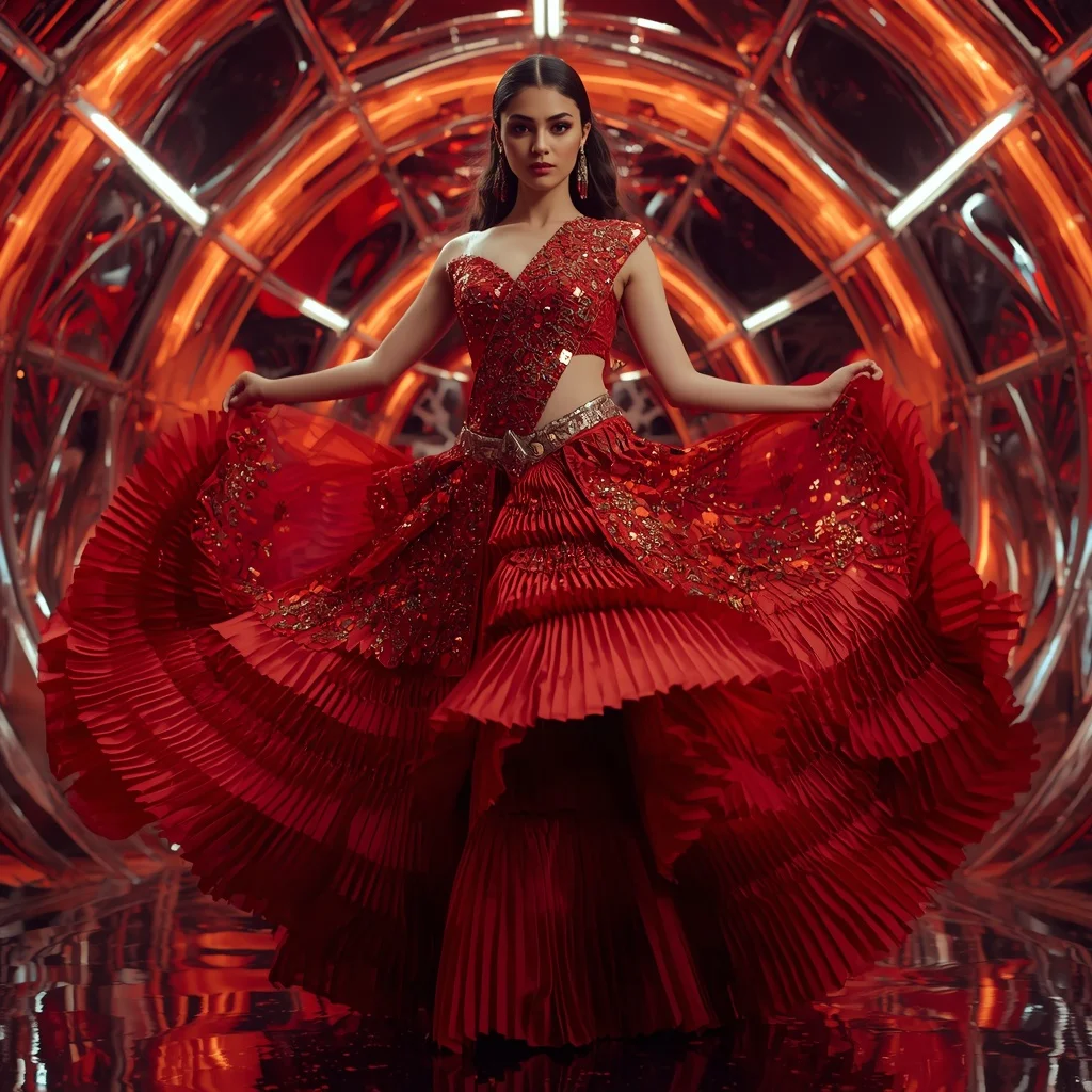 Crimson Inferno Mirage Saree with Prism Reflection Dome | Gemini Ai Saree Prompt