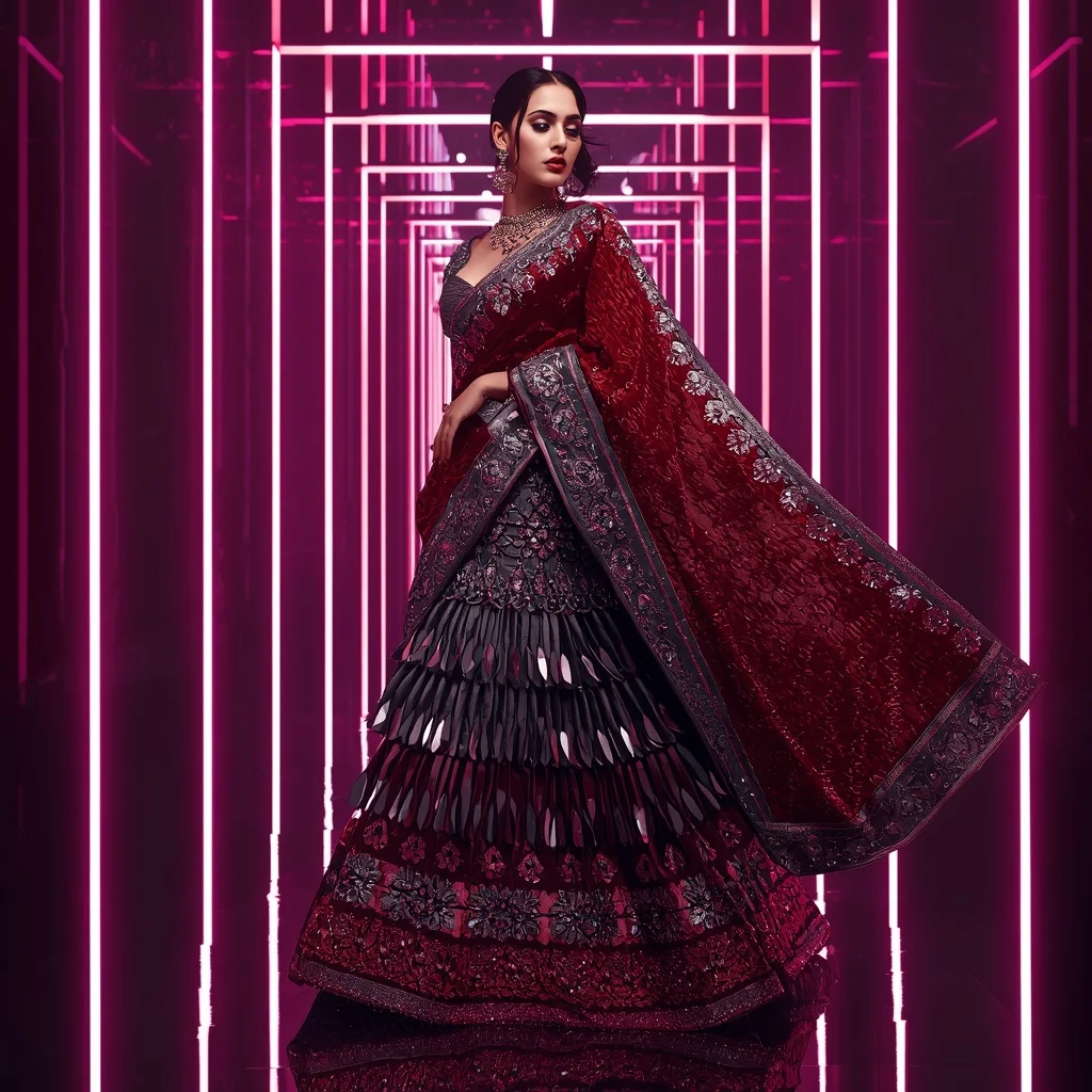 Crimson Nova Mirror Saree with Floating Infinity Hallways | Gemini Prompt