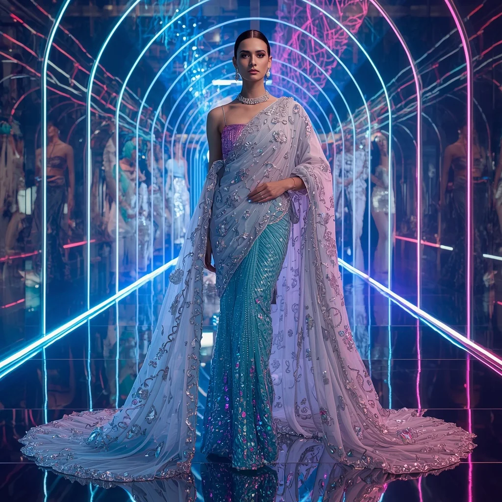 Crystal Waterfall Hyperqueen Saree with Cinematic Runway Poses and Neon Glass Infinity Realm | Grok Ai Prompt
