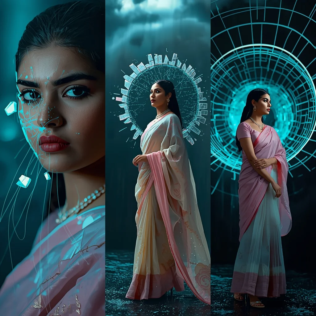 Cyber Kintsugi Shattered Hologram Aura Saree Triptych Collage | Saree Photoshoot Ai Prompt
