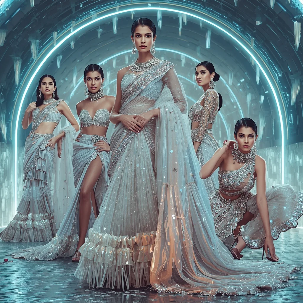 Diamond Aurora Royale Saree with Floating Crystal Arches | Gemini Prompt