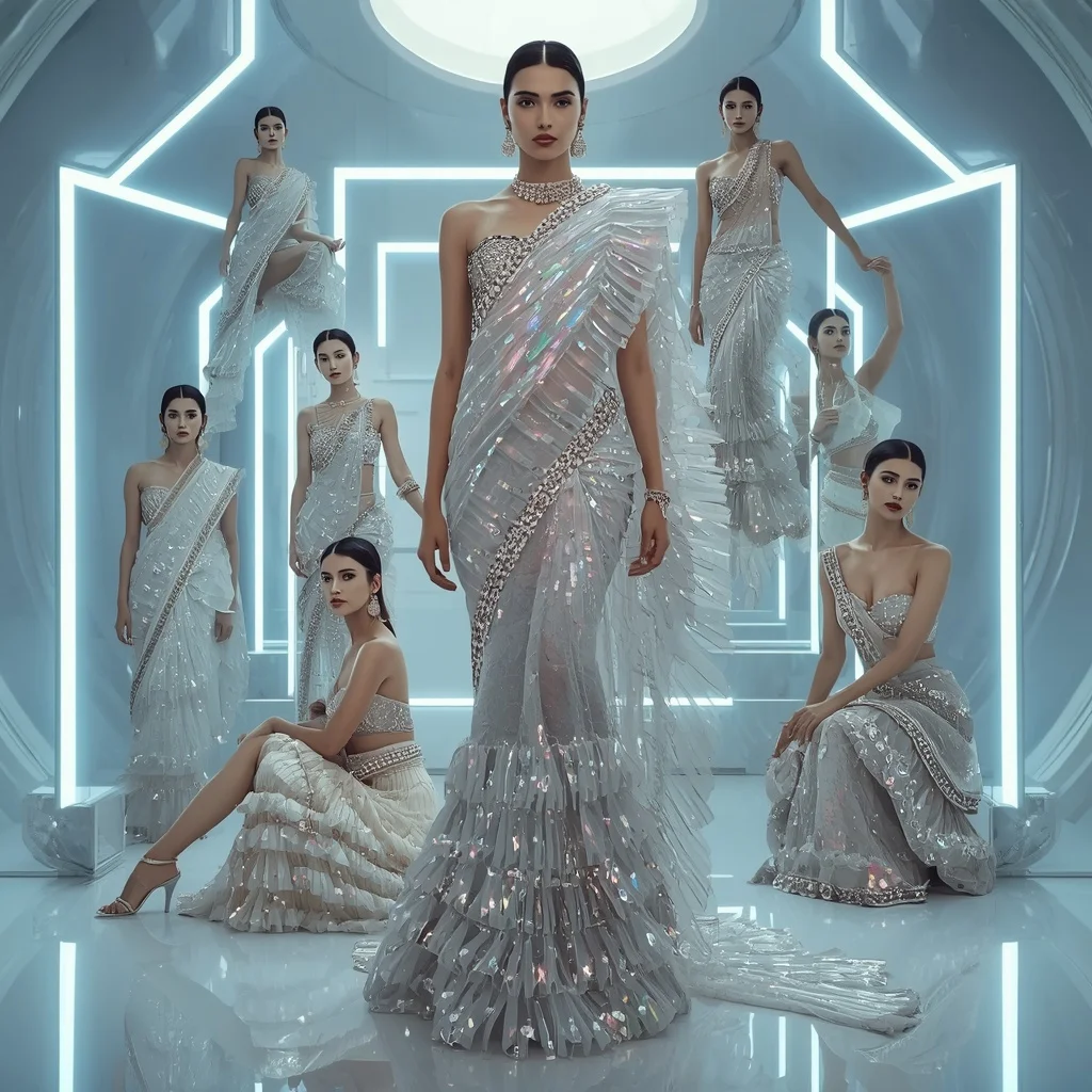 Diamond Aurora Royale Saree with Floating Crystal Frames | Profile Picture Ai Prompt