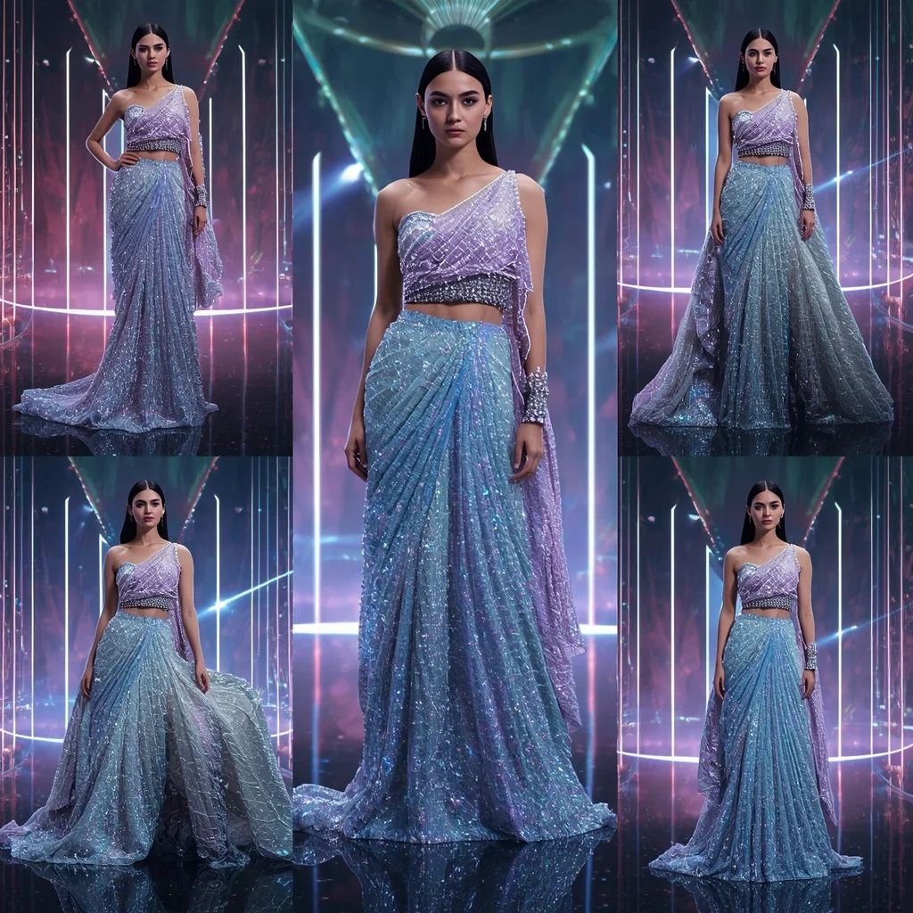 Diamond Horizon Saree with Floating RGB Infinity Crystal Observatory | Ai Art Prompt