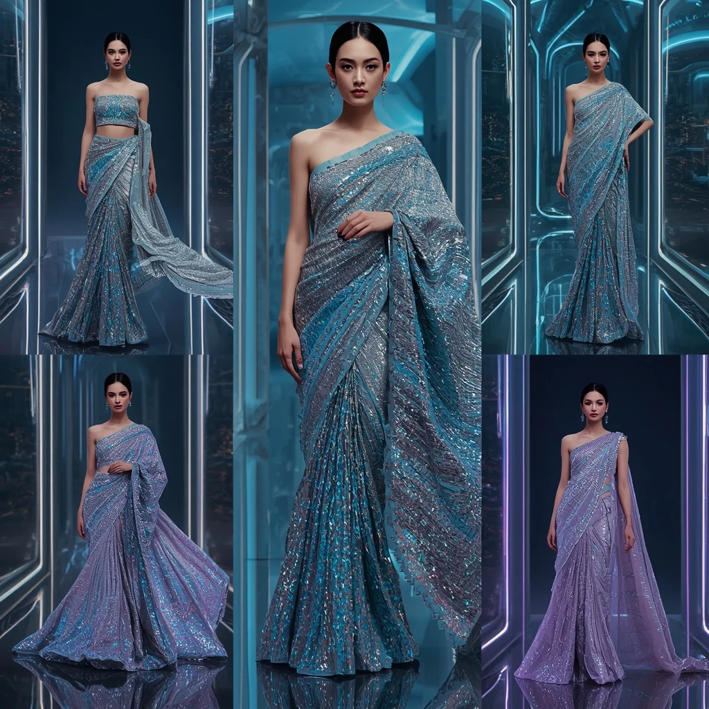 Diamond Horizon Saree with Floating RGB Infinity Observatory Deck | Gemini Saree Prompt For Woman