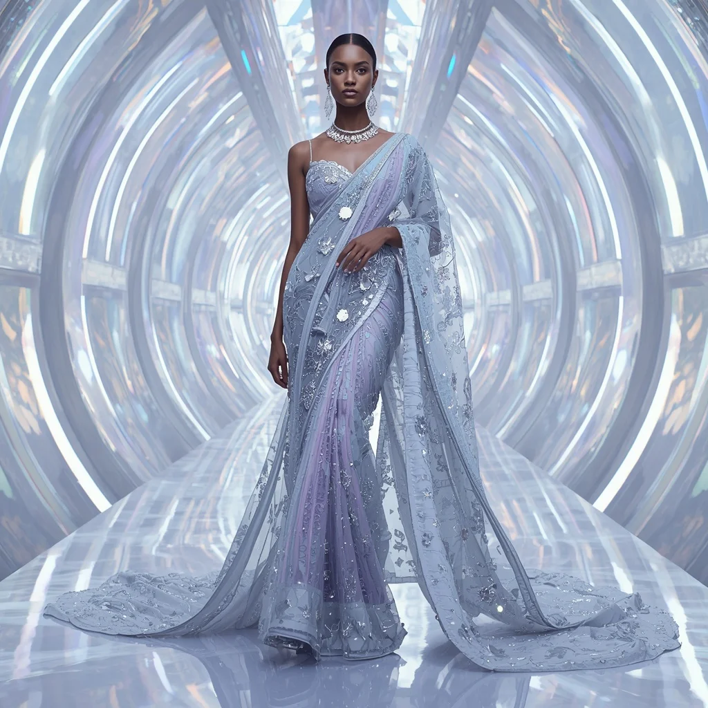 Diamond Ice Infinity Hyperverse Saree with Endless Fashion Poses and Holographic Aurora Quantum Citadel | Image Prompt
