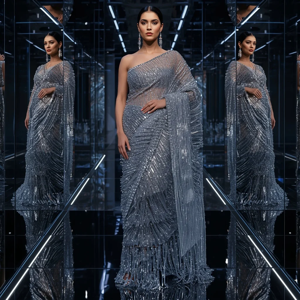 Diamond Rain Saree with Floating Mirror Corridor | Leonardo Ai Image Prompt
