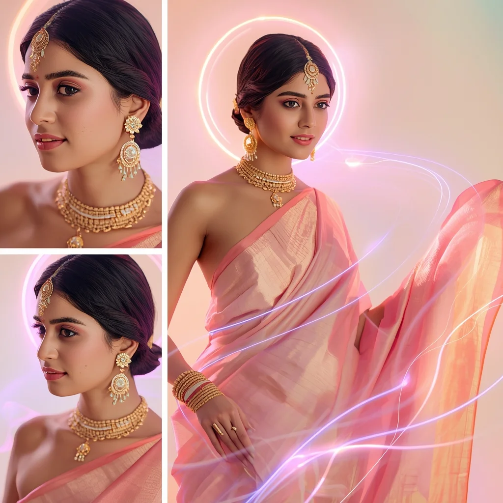 Divine Pulse Halo Flow Pastel Saree Indian Woman Premium Composition | Gemini Saree Prompt For Woman