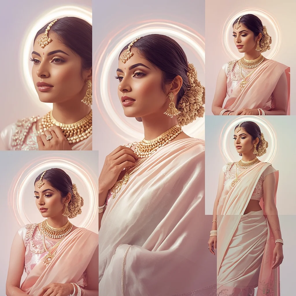 Divine Pulse Halo Wave Pastel Saree Indian Woman Luxury Composition | Gemini Saree Ai Photo Prompt