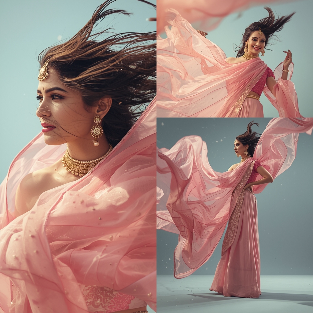 Dramatic Fashion Pastel Saree Image Prompt for Women with Flying Dupatta Storm and High Fashion Energy | Indian Bride Saree Ai Prompt