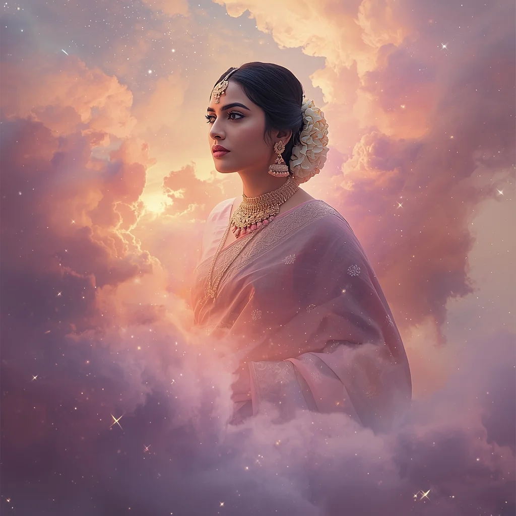 Dreamy Cosmic Nebula Aesthetic For Traditional Pastel Indian Saree Look | Saree Prompt