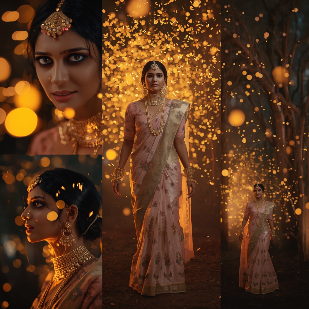 Dreamy Pastel Saree Look Surrounded By Glowing Firefly Swarms | Saree Traditional Ai Prompt Indian Culture