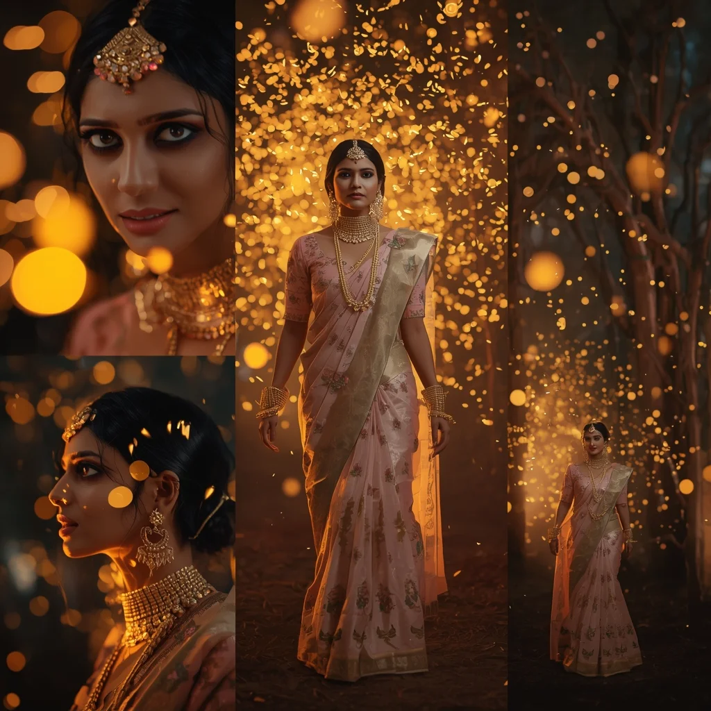 Dreamy Pastel Saree Look Surrounded By Glowing Firefly Swarms | Saree Traditional Ai Prompt Indian Culture