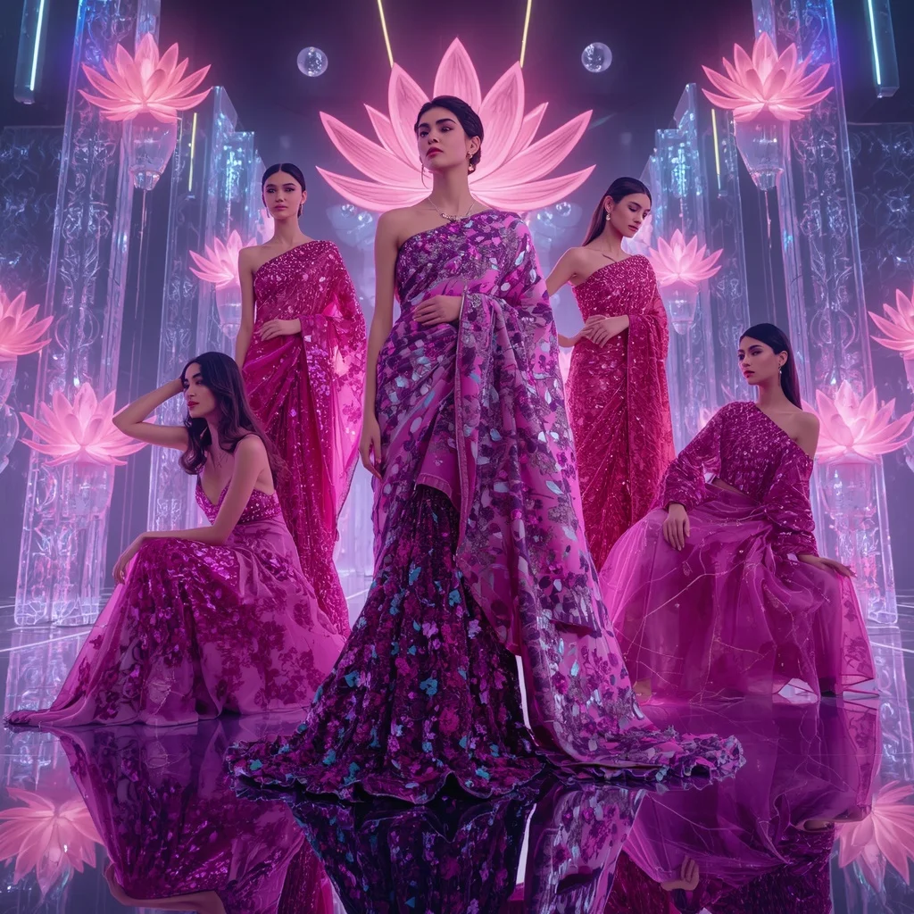 Electric Bloom Saree with Floating Infinity Lotus Crystal Empire | Modern Design Ai Prompt